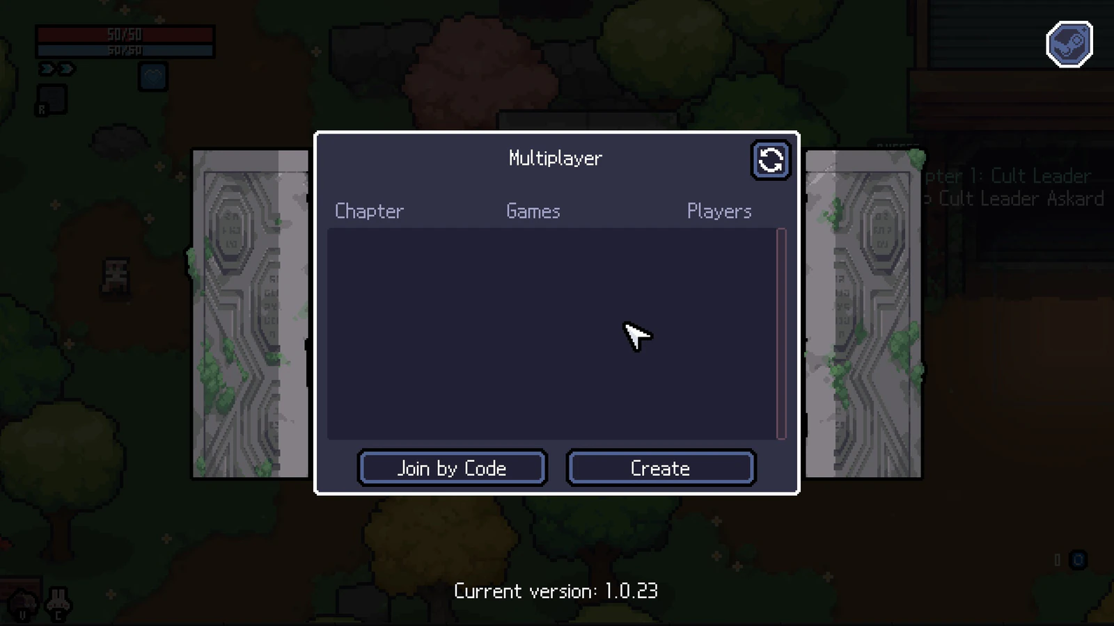 Menu multijoueur en anglais : « Join by Code » correspond à « Rejoindre avec un code » et « Create » à « Créer »