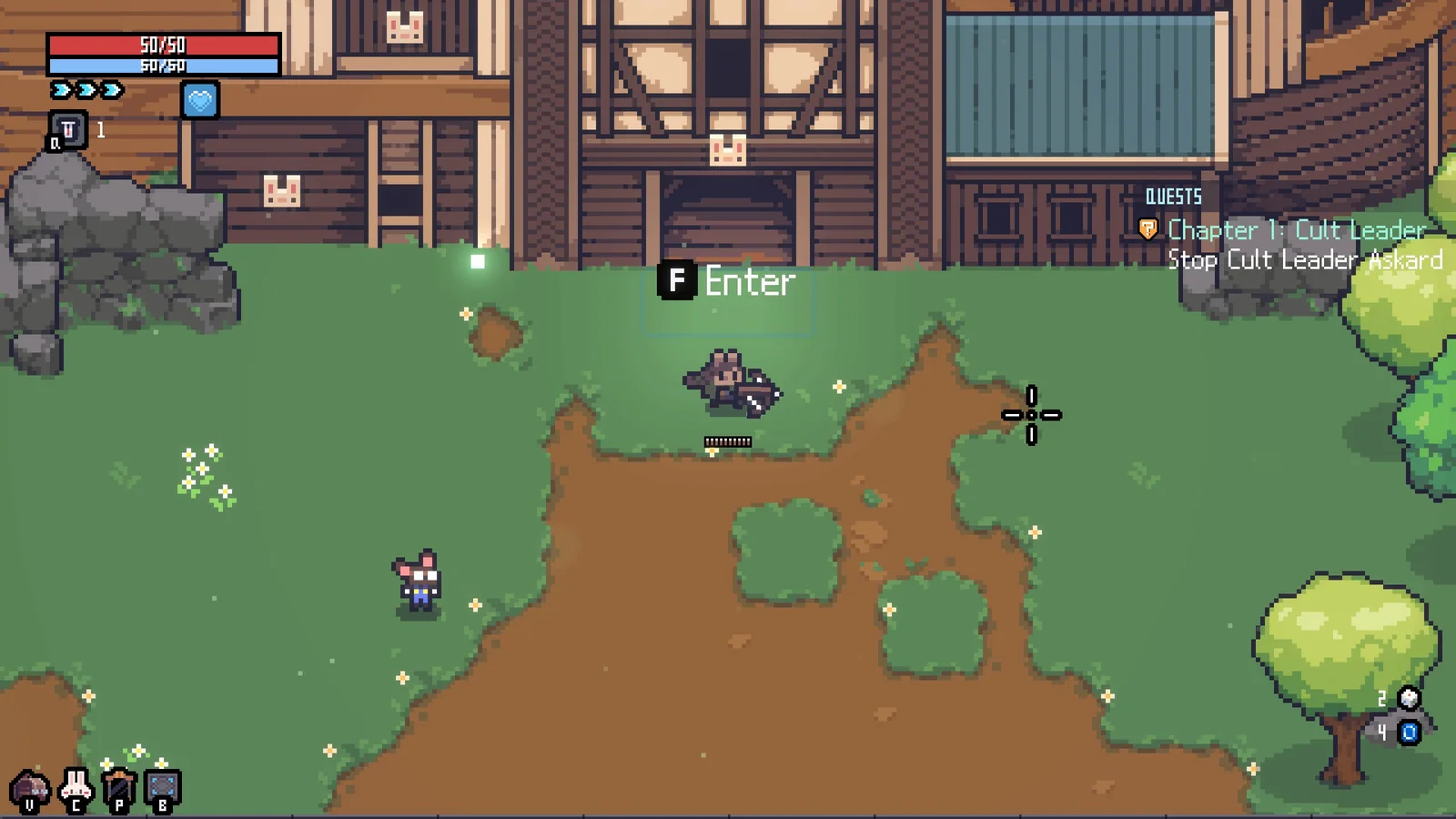 Sephiria player standing at the entrance of a large wooden building