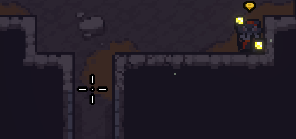A narrow downward passage in a cave wall with a crosshair over the opening