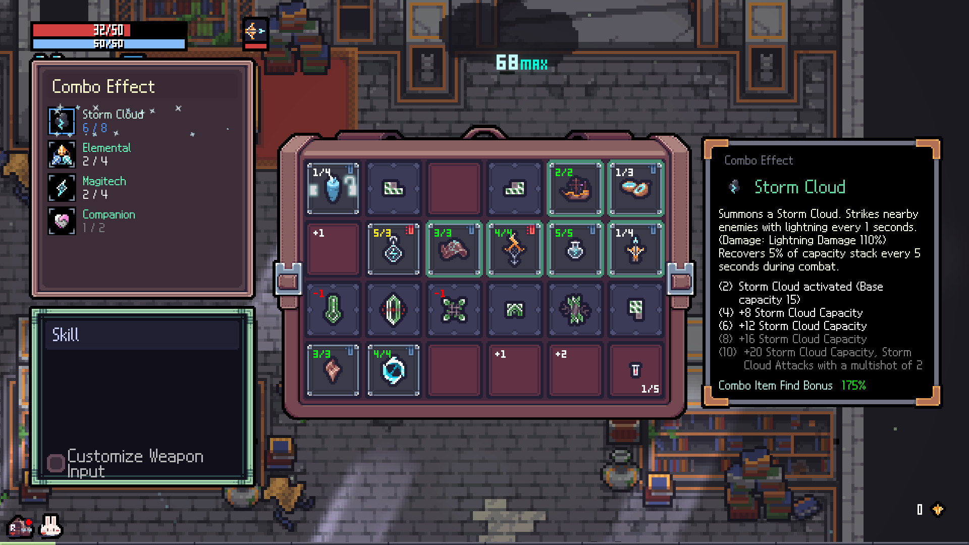 Inventory grid with artifact slots showing plus and minus level modifiers