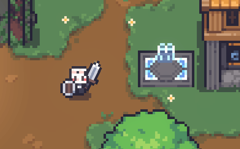 A character beside the blue preset device in the village