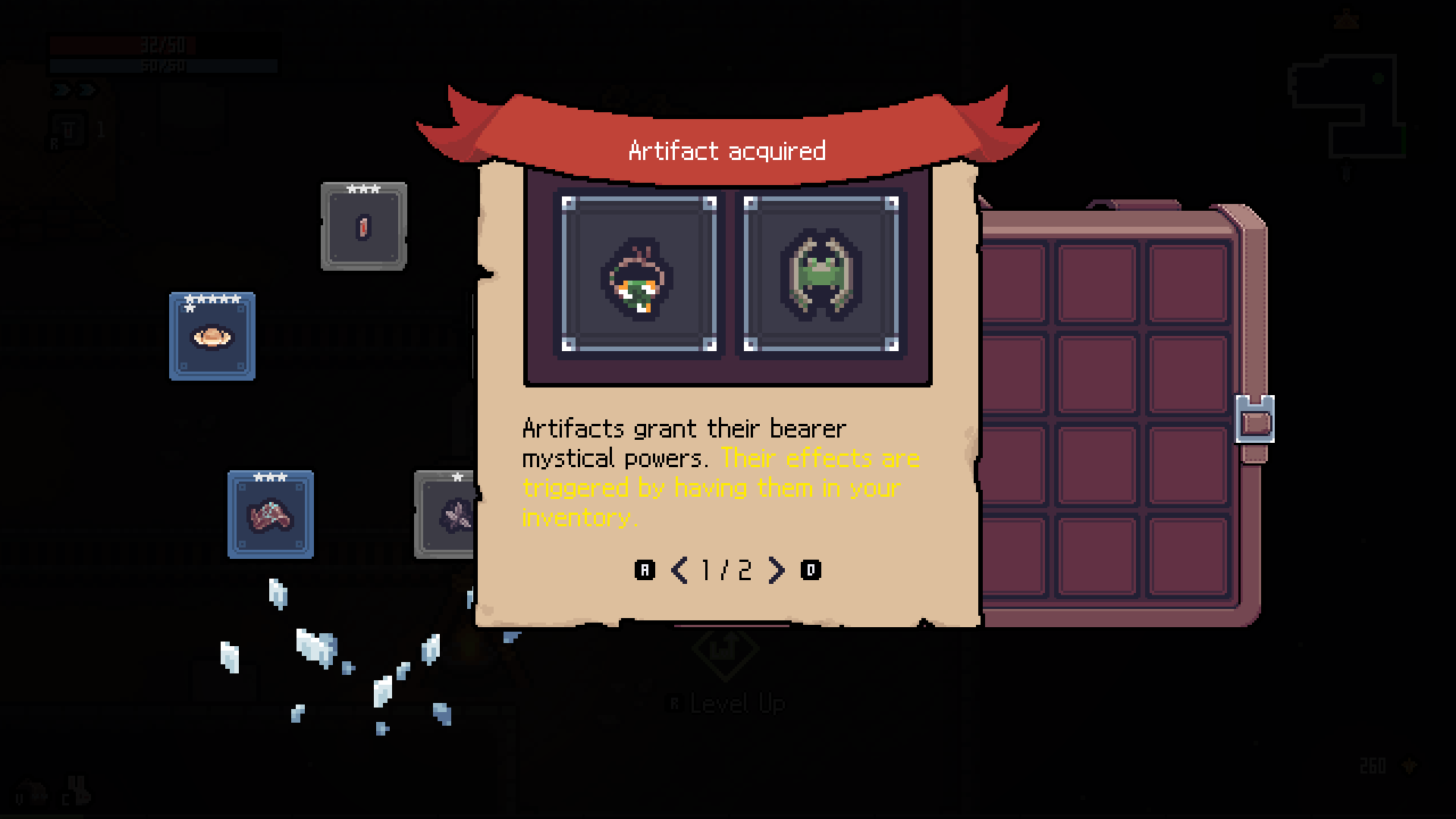 Artifact acquisition tutorial displayed over a dungeon room
