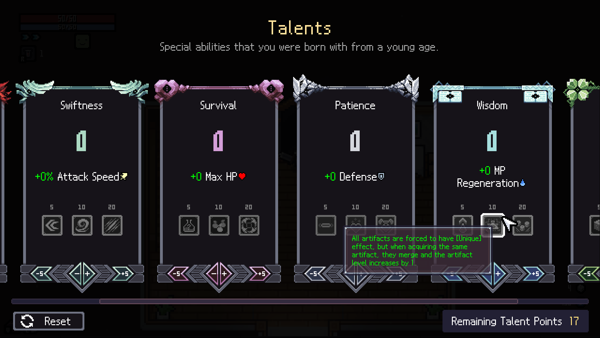Early-access talent menu with 5, 10 and 20 point thresholds and allocation controls